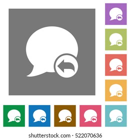 Reply blog comment flat icons on simple color square background.