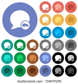 Reply blog comment multi colored flat icons on round backgrounds. Included white, light and dark icon variations for hover and active status effects, and bonus shades on black backgounds.