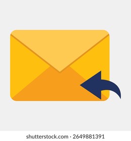 Reply to email icon. A closed yellow envelope with a blue arrow symbol for responding to messages, answering inquiries, or providing feedback.