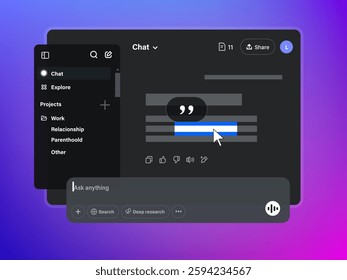 Reply features in Ai chat. Web browser with Artificial intelligence chatting text on screen. Vector illustration