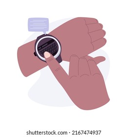 Responder a los mensajes con ilustraciones vectoriales de dibujos animados aislados de smartwatch. Mensaje de mecanografía de hombre usando smartwatch, tecnología móvil, conexión inalámbrica, caricatura de vector de comunicación en línea.