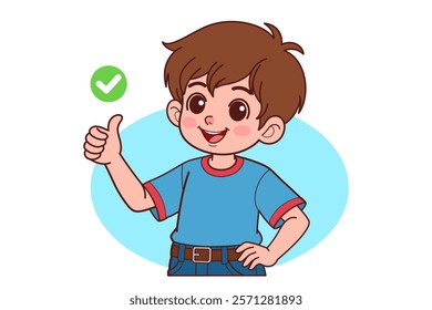 reply recommends advertisement likes good.
The young boy smiling and raising thumb up. Cartoon People Vector Illustration.