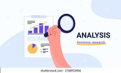 Report analysis and business research. Flat vector modern illustration of human hand holds yellow magnifier to inspect diagram and chart on notepad 