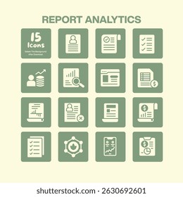 Coleta de ícones de análise de relatório representando análise de dados de negócios relatórios financeiros e insights estatísticos para gerenciamento corporativo