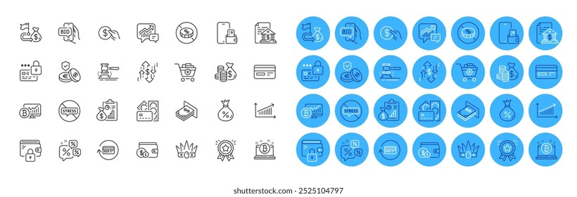 Relatório, dinheiro Atm e telefone carteira linha ícones pack. Wallet, Oferta de compra, ícone da Web do prêmio de fidelidade. Seguro de poupança, saco de moedas, pictograma do documento bancário. Empréstimo, Comissão de reembolso, Contabilidade. Vetor