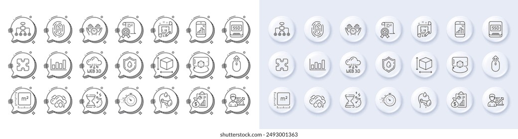Informe, Realidad aumentada e iconos de línea Ssd. Botones 3d de pin blanco, iconos de burbujas de chat. Paquete de donación de sangre, Reestructuración, icono de huella dactilar. Enfermo, temporizador, pictograma del certificado. Vector