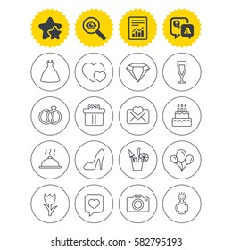 Report, best quality star and Q&A signs. Wedding and party icons. Dress, diamond and rings. Gift box, invitatiom letter and rose flower. Speech bubble with heart and photo camera. Investigate symbol