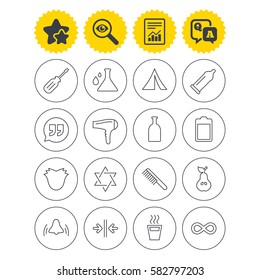 Report, best quality star and Q&A signs. Universal icons. Camping tent, bottle and hot coffee drink. Hair dryer, battery and david star. Screwdriver tool, quotes and camping tent. Investigate symbol