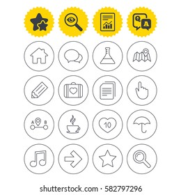 Report, best quality star and Q&A signs. Universal icons. House building, speech bubbles and first aid box. Copy documents, like counter and hot coffee drink. Map pointer, arrow and favorite star