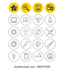 Report, best quality star and Q&A signs. Universal icons. Quotes, ribbon heart and cake. Clover, mushroom and ice cream. Smoking, knife and fork. Investigate symbol. Flat buttons. Vector
