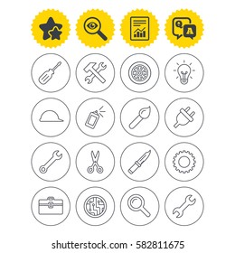 Report, best quality star and Q&A signs. Repair tools icons. Hammer with wrench key, wheel and brush. Screwdriver, electric plug and scissors. Circuit board, magnifying glass and construction helmet
