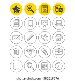 Report, best quality star and Q&A signs. Office equipment icons. Computer, printer and smartphone. Wi-fi, chat speech bubble and copy documents. Vector