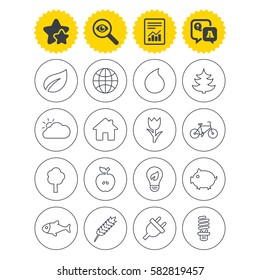 Report, best quality star and Q&A signs. Nature and Eco icons. Trees, leaf and tulip or rose flower. Planet and water drop. Energy saving lamp, electric plug and house building. Investigate symbol