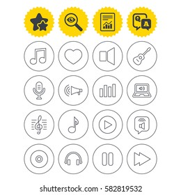 Report, best quality star and Q&A signs. Music icons. Musical note, acoustic guitar and microphone. Notebook, dynamic and headphones symbols. Investigate symbol. Flat buttons. Vector