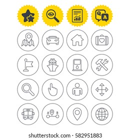Report, best quality star and Q&A signs. GPS navigation icons. Car, Bus and Ship transport. You are here, map pointer symbols. Search gas or petrol stations, hotels. A to B distance. Vector