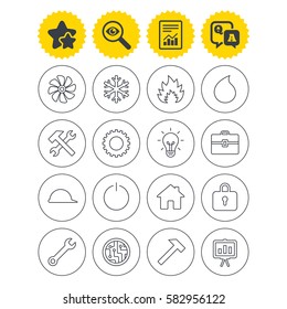 Report, best quality star and Q&A signs. Engineering icons. Ventilation, heat and air conditioning symbols. Water supply, repair service and circuit board thin outline signs. Lamp, house and locker
