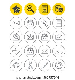 Report, best quality star and Q&A signs. Mail services icons. Send mail, paper clip and download arrow symbols. Scissors, pencil and refresh thin outline signs. Receive, select and delete mail