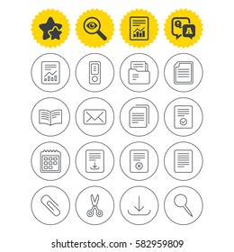Report, best quality star and Q&A signs. Documents linear icons. Accounting, book and calendar symbols. Paper clip, scissors and download arrow thin outline signs. Mail envelope and file chart