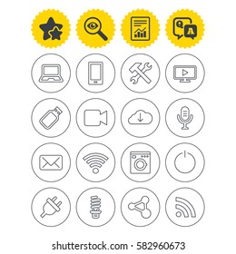 Report, best quality star and Q&A signs. Devices and technologies icons. Notebook, smartphone and wi-fi symbols. Usb flash, video camera, microphone thin outline signs. Vector