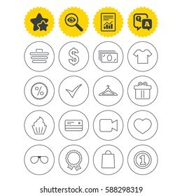Report, best quality star and Q&A signs. Shopping icons. Shopping cart, dollar currency and cash money. Shirt clothes, gift box and hanger. Credit or debit card. Investigate symbol. Flat buttons