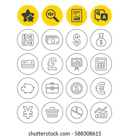 Report, best quality star and Q&A signs. Money and business icons. Cash and cashless money. Usd, eur, gbp and jpy currency exchange. Presentation, calculator and shopping cart symbols. Vector