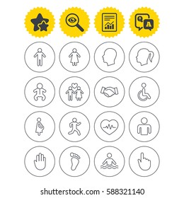 Report, best quality star and Q&A signs. Human icons. Male and female symbols. Infant toddler and pregnant woman. Wheelchair for disabled. Success deal handshake. Investigate symbol. Flat buttons