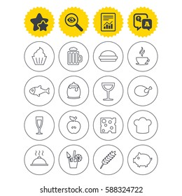 Report, best quality star and Q&A signs. Food and Drinks icons. Beer, coffee and cocktail symbols. Fish and pork meat, hamburger and cheese thin outline signs. Chief hat. Investigate symbol. Vector