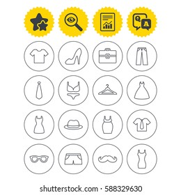 Report, best quality star and Q&A signs. Clothes and accessories icons. Shirt with tie, pants and woman dress symbols. Hat, hanger and glasses thin outline signs. Underwear and maternity clothes