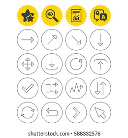Report, best quality star and Q&A signs. Arrows line icons. Download, upload, check or tick symbols. Refresh, fullscreen and shuffle thin outline signs. Investigate symbol. Flat buttons. Vector