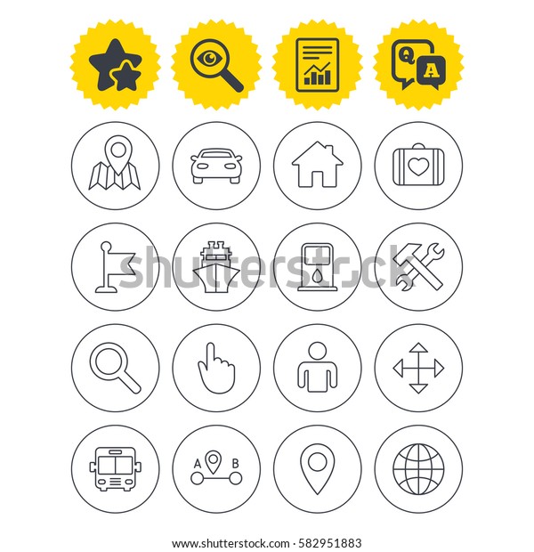 Report, best quality star and Q&A signs. GPS
navigation icons. Car, Bus and Ship transport. You are here, map
pointer symbols. Search gas or petrol stations, hotels. A to B
distance. Vector
