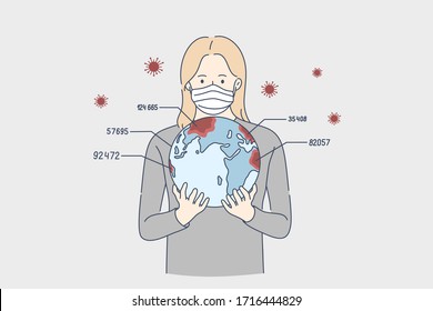 Report, biohazard, coronavirus, danger concept. Young woman cartoon character in medical face mask holding planet earth in hands. COVID19 desease and 2019ncov infection live data statistics vector.