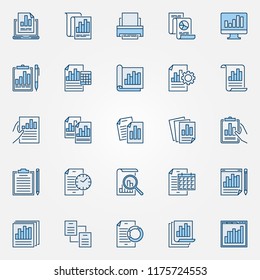 Report blue icons set. Vector document, analysis, business report creative symbols or logo elements