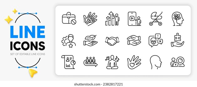 Report, Brand and Video conference line icons set for app include Queue, Lightweight, Baby carriage outline thin icon. Social responsibility, Puzzle, Handshake pictogram icon. Vector