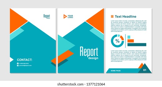 Report or brochure creative design. Template with cover, back and inside pages. Minimalist flat geometric design. Vertical a4 format. Vector graphic.