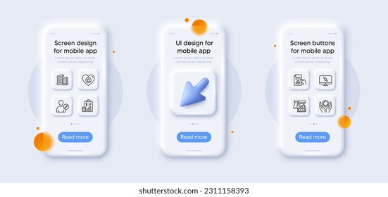 Paquete de iconos de línea de informes, edificios y documentación técnica. 3d teléfono se burla con el cursor. Pantalla de teléfono inteligente de vidrio. Mano de empleado, Corazón, Editar icono web de usuario. Internet, pictograma de robo. Vector