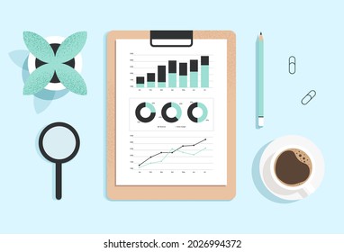 Report, business analytics, market research concept. Top view of a clipboard with financial results on the desk. Chart, diagrams, graphs with data and statistics. Isolated flat vector illustration