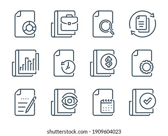 Report, Business document and Research list related vector line icons. Documentation and File management outline icon set.