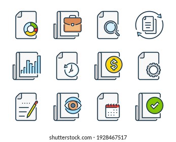 Report, Business Document und Recherche Liste mit Vektorfarben-Linien Symbole. Dokumentations- und Dateimanagement-farbige Umrisssymbole gesetzt.