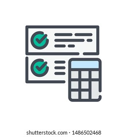 Report calculation color line icon. approved plan with ticks and calculator vector outline colorful sign.