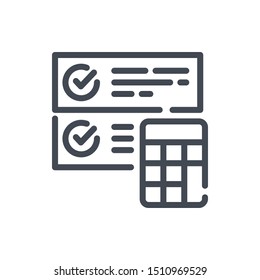 Report calculation line icon. Approved plan with ticks and calculator vector outline sign.