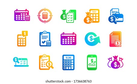 Report, Calculator and Checklist. Accounting icons. Money classic icon set. Gradient patterns. Quality signs set. Vector