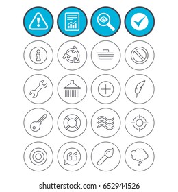 Report, check tick and attention signs. Universal icons. Information, shopping basket and shower. Repair tool, home key and brush. Comic speech bubble, target aim and quotes. Vector
