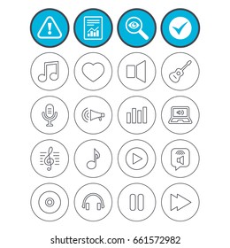 Report, check tick and attention signs. Music icons. Musical note, acoustic guitar and microphone. Notebook, dynamic and headphones symbols. Investigate magnifier symbol. Flat buttons. Vector