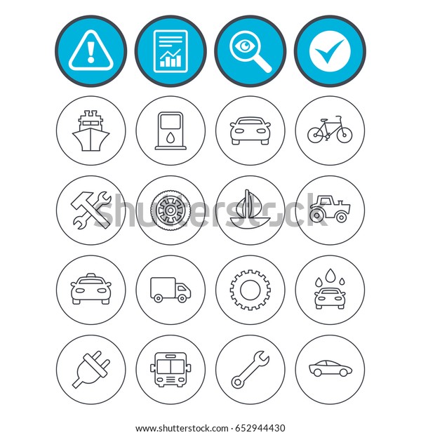 Report, check tick
and attention signs. Transport and services icons. Ship, car and
public bus, taxi. Repair hammer and wrench key, wheel and cogwheel.
Sailboat and bicycle.
Vector