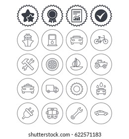 Report, check tick and award signs. Transport and services icons. Ship, car and public bus, taxi. Repair hammer and wrench key, wheel and cogwheel. Sailboat and bicycle. Best quality star symbol