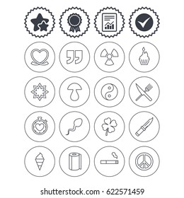 Report, check tick and award signs. Universal icons. Quotes, ribbon heart and cake. Clover, mushroom and ice cream. Smoking, knife and fork. Best quality star symbol. Flat buttons. Vector