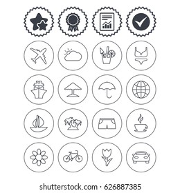 Report, check tick and award signs. Travel icons. Ship, plane and car transport. Beach umbrella, palms and cocktail. Swimming trunks. Rose or tulip flower. Best quality star symbol. Flat buttons