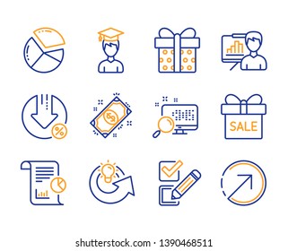 Report, Checkbox and Loan percent icons simple set. Student, Search and Presentation board signs. Payment, Gift box and Share idea symbols. Sale offer, Pie chart and Direction. Line report icon