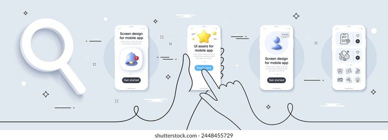 Report checklist, Stress and Chemistry lab line icons pack. Phone screen mockup with 3d star, alert and chat message. Documents, Graph chart, Engineering documentation web icon. Vector