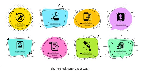Report, Chemistry pipette and Recovery tool line icons set. Chat bubbles with quotes. Report document, Phone communication and Innovation signs. Payment message, Bill accounting symbols. Vector